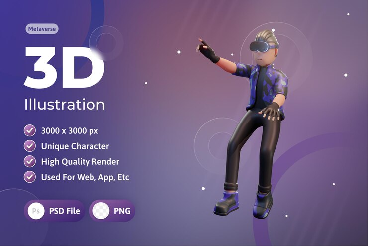 PSD metaverse character 3d con dispositivo de realidad virtual, para web, aplicación, infografía, aplicación