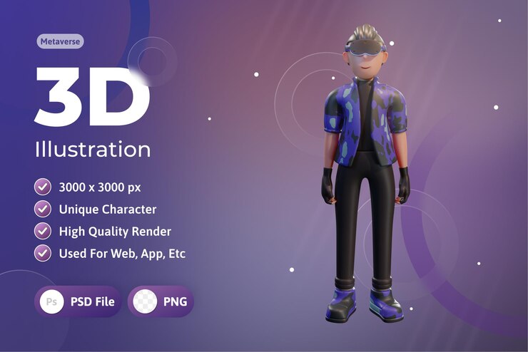 PSD metaverse character 3d con dispositivo de realidad virtual, para web, aplicación, infografía, aplicación