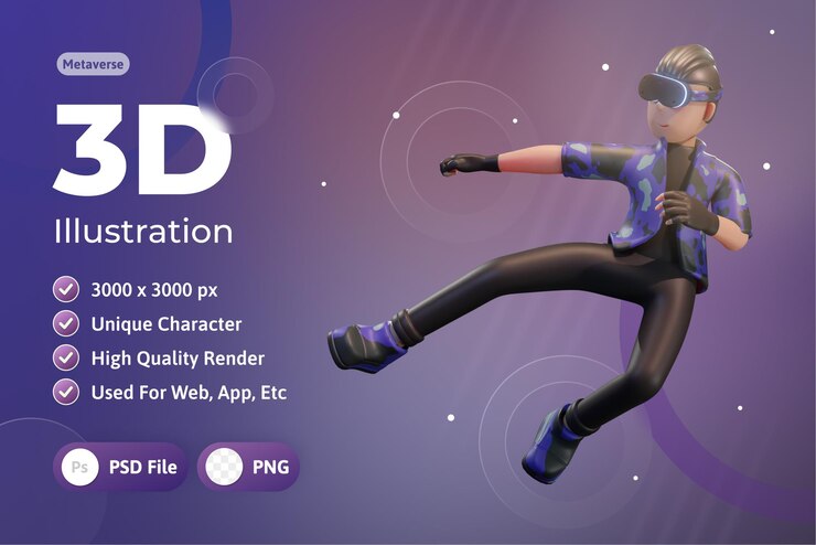 PSD metaverse character 3d con dispositivo de realidad virtual, para web, aplicación, infografía, aplicación