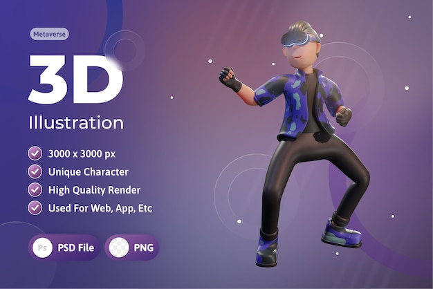 PSD metaverse character 3d mit virtual-reality-gerät, für web, app, infografik, app