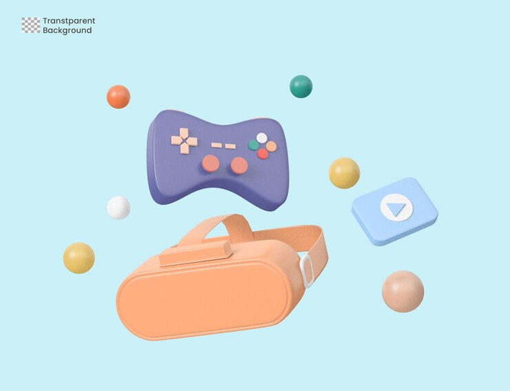 PSD metaverso 3d - concepto de mundo virtual. gafas vr, botón de reproducción y joypad sobre fondo morado.