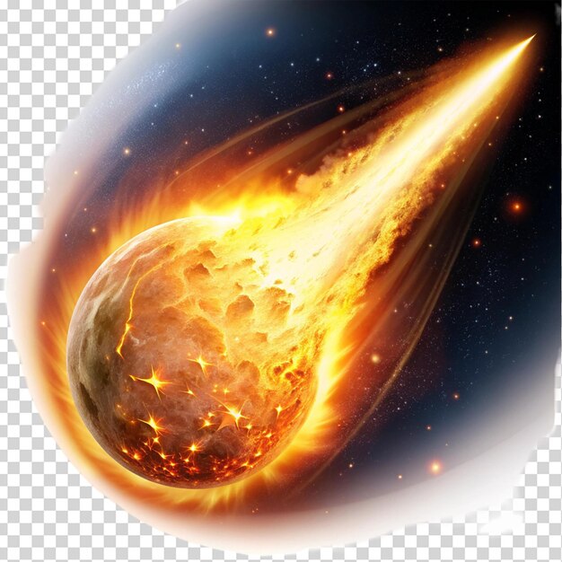 Un meteorito brillante con una cola de llama roja caliente aislada en un fondo transparente