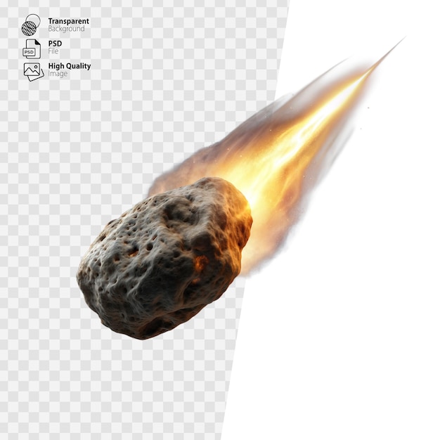 PSD meteorito de fogo descendo rapidamente contra um fundo transparente