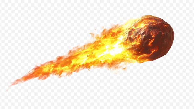PSD meteorito en llamas con cola fundida brillante aislado en fondo blanco