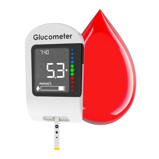 Métrage des gouttes de sang et du glucose avec glucomètre avec bande d'essai de glucose pour le test du sucre dans le sang diabétique rendu 3D isolé sur un fond transparent