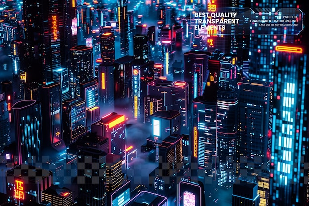 Métropole cyberpunk au néon avec un paysage urbain vibrant sur un fond transparent