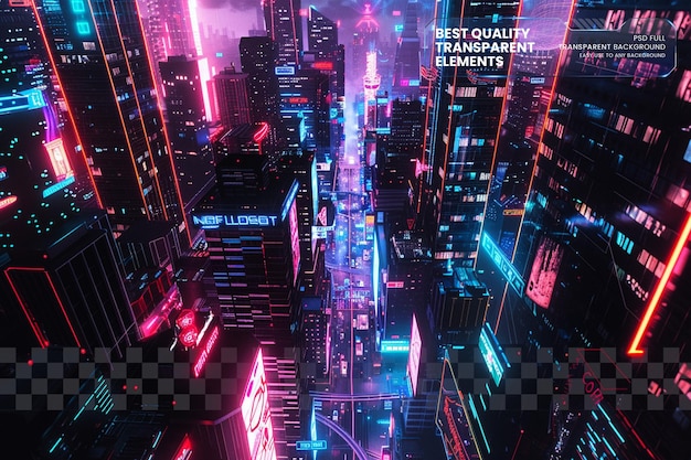 Metrópole cyberpunk de néon com uma paisagem urbana vibrante em fundo transparente