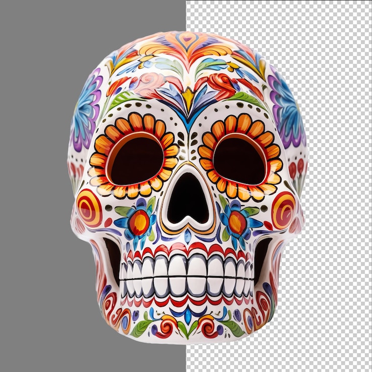 PSD méxico decorado crânio branco dia de los muertos crânio isolado em fundo transparente png psd