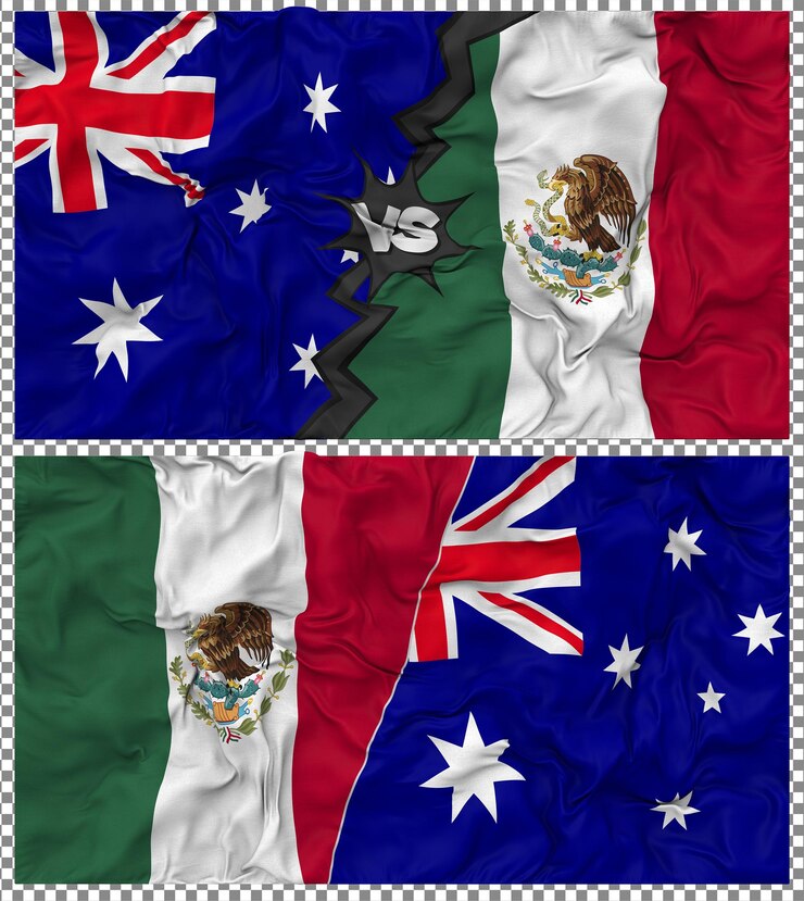 PSD méxico versus austrália meia bandeira combinada tesoura de tecido bump texture renderização 3d