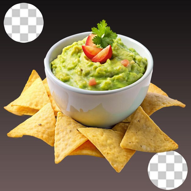 Mexikanische guacamole mit nachoschip, isoliert auf durchsichtigem hintergrund