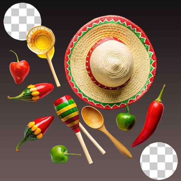 Mexikanischer sombrero und maracas auf durchsichtigem hintergrund