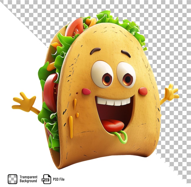 PSD mexikanischer taco mit einem lächeln auf dem gesicht im cartoon-stil mit isoliertem hintergrund