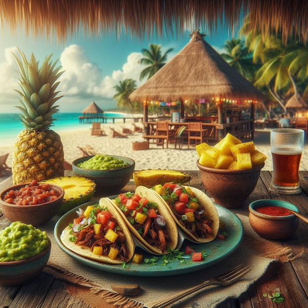 PSD mexikanisches essen enchilada mit guacamole in der bach-bar im sonnenuntergang urlaub poster