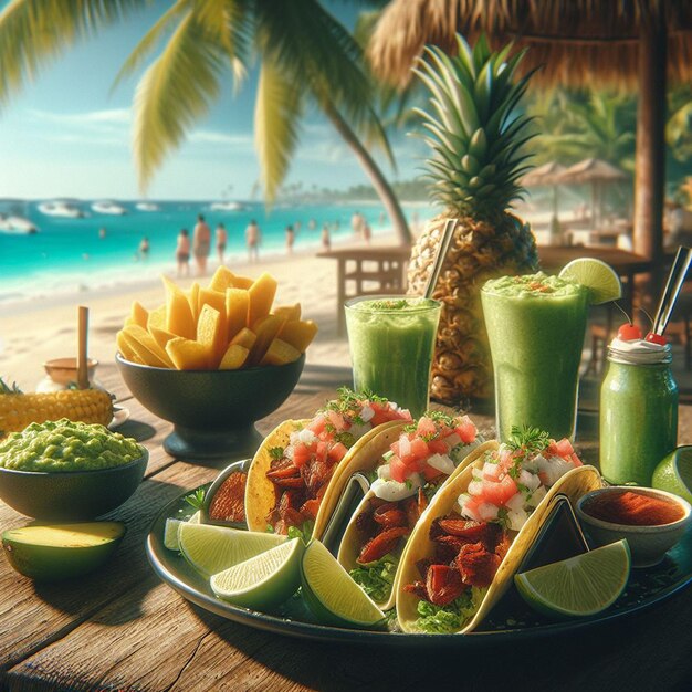 PSD mexikanisches essen enchilada mit guacamole in der bach-bar im sonnenuntergang urlaub poster