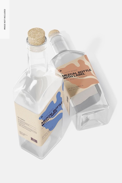 Mezcal-flaschen mit label mockup, high angle view