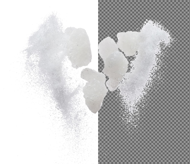 PSD mezcla de azúcar refinada polvo del suelo explosión de mosca cristal blanco roca azúcar abstracto nube flotante gran roca salpicaduras de azúcar arrojando en el aire fondo blanco aislado movimiento de congelación de alta velocidad