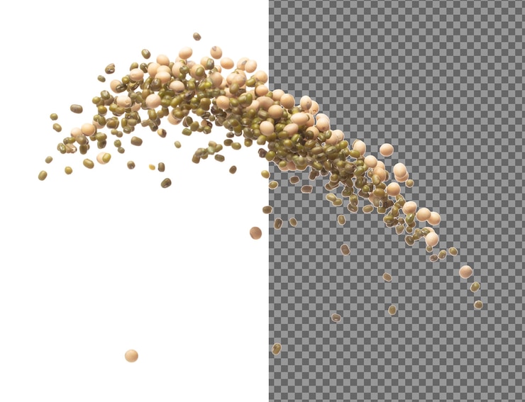 PSD mezcla de frijoles de soya mung verdes caen explosión varios tipos de frijole flotan explotan abstracto mosca de nube soja seca frijoles verdes mung mezclados salpicaduras lanzando en el aire fondo blanco aislado de alta velocidad