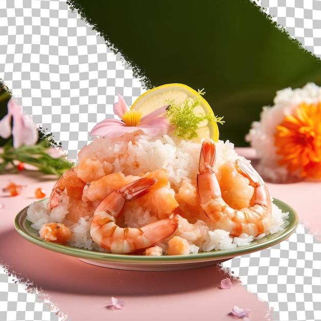 PSD mezcla de mariscos y camarón en polvo de fondo transparente junto con arroz pegajoso