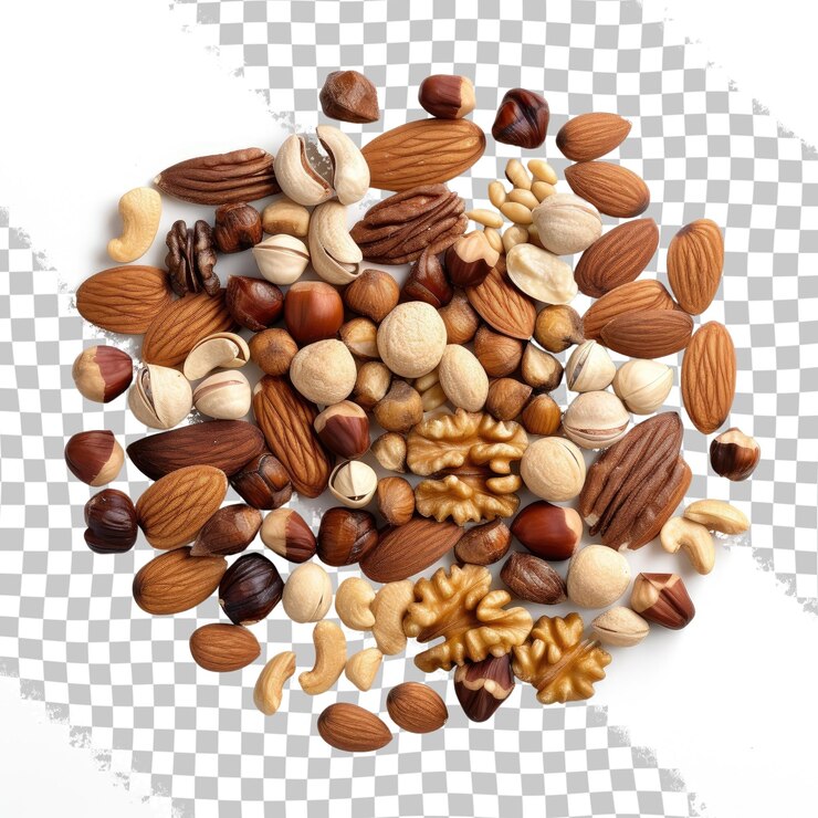 PSD mezcla de nueces en madera aislada sobre un fondo transparente