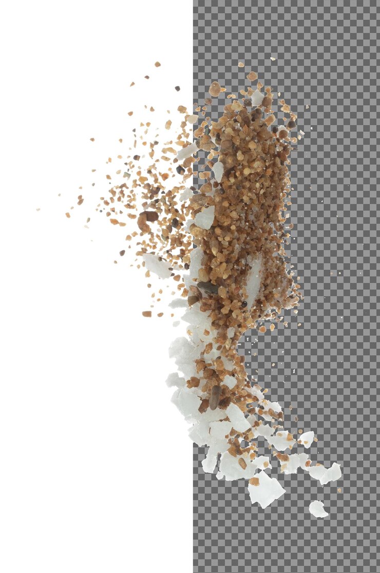 PSD mezcla de sal arena volando explosión gran grandes sales blancas flor explotan abstracto nube volar arena sal roca salpicaduras en el aire condimento elemento de diseño fondo blanco aislado movimiento de congelación de alta velocidad