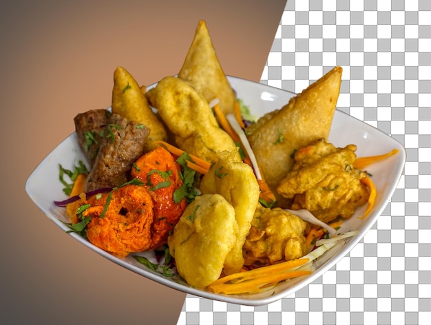 Mezcla de samosa de alta calidad pakora aloo pakora pollo pakora aislado en un fondo transparente
