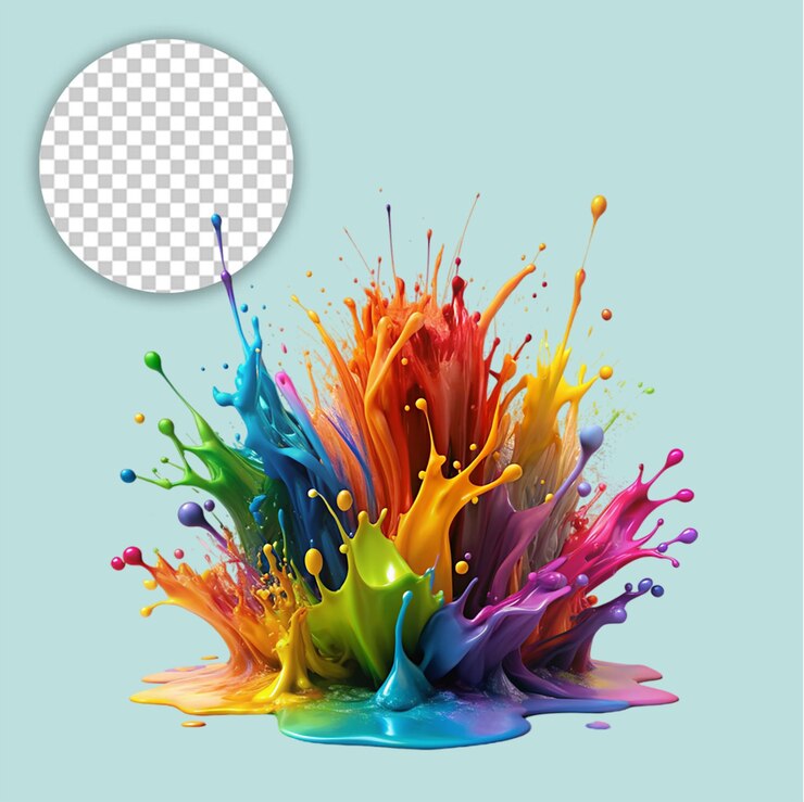 PSD mezcla vívida de gotas de pintura en un fondo transparente