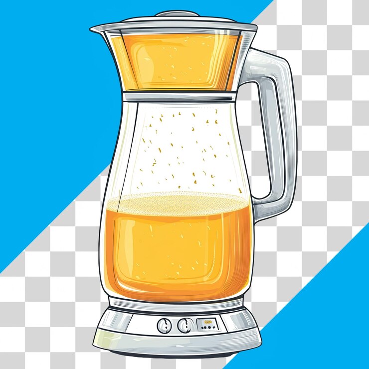 PSD mezclador con jugo brillante sobre un fondo transparente