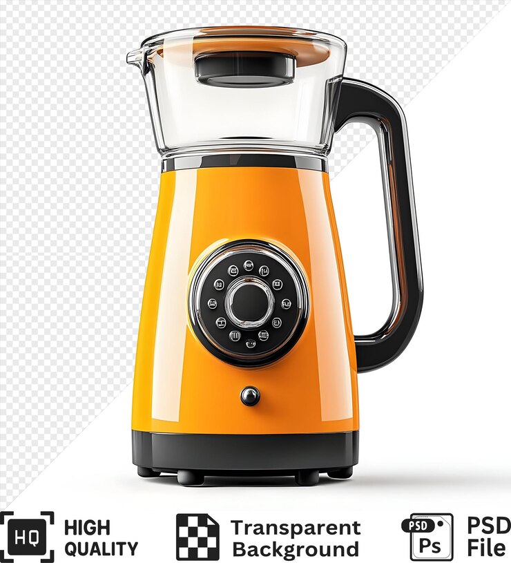 PSD mezclador naranja con frasco de vidrio y esfera de control aislados sobre un fondo transparente
