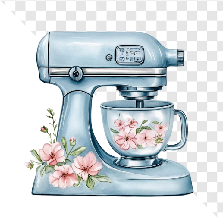 PSD mezclador de soporte azul pastel con delicadas flores rosadas delicioso para hornear