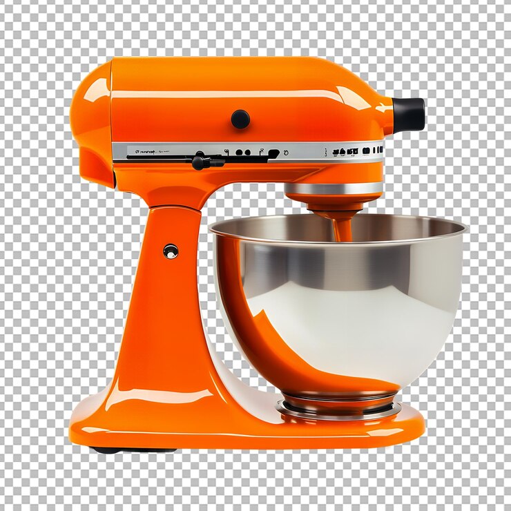 PSD mezclador de soporte naranja con cuenco de acero en fondo transparente