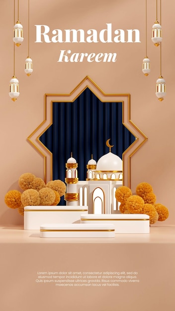 Mezquita, lámpara y flor de mimosa ramadan kareem, representación 3d espacio vacío podio blanco en retrato
