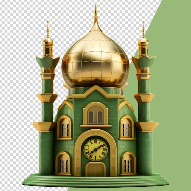 PSD mezquita ramadán kareem con reloj de color verde sobre fondo transparente