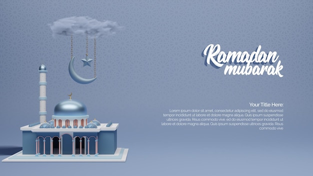 Mezquita de representación 3D y luna con saludos de Ramadán
