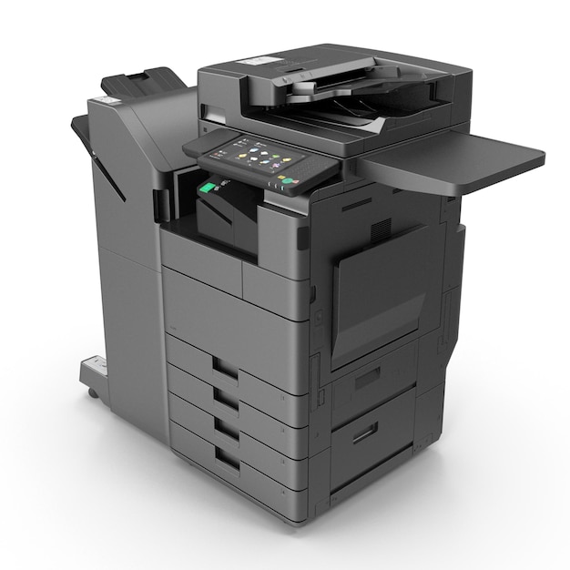 MFP láser 3D realista negro con acabado de folletos archivos PSD detallado de oficina y equipo de impresión