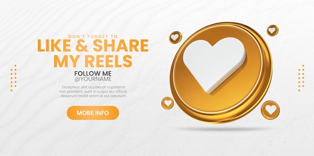 Mi piace e condividi con le icone di rendering 3d modello di banner di social media