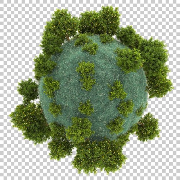 Micro pianeta con foresta tropicale su sfondo trasparente 3d rendering illustrazione