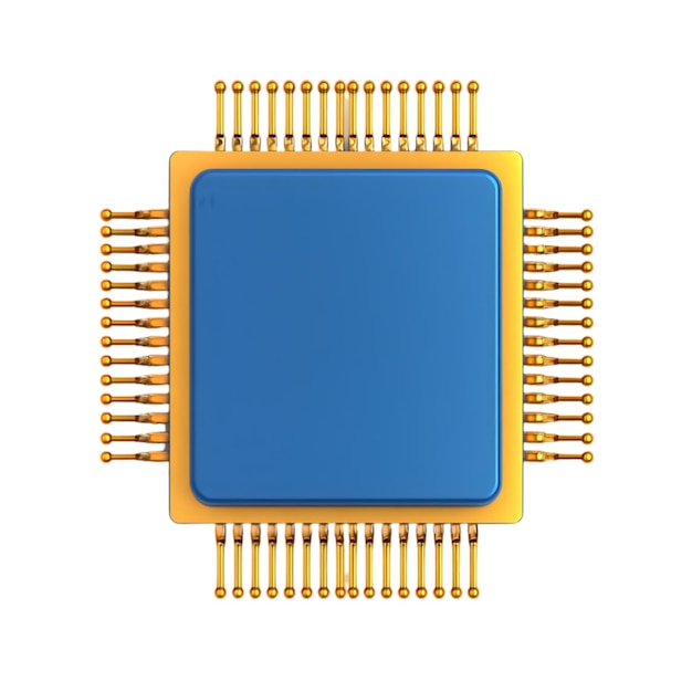 Microchip blu con spilli d'oro Processore di computer 3D e illustrazione concettuale tecnologica