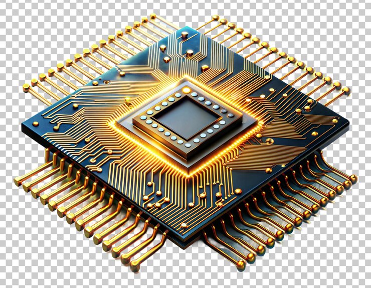 PSD microchip con diseños de circuitos complejos en un fondo transparente