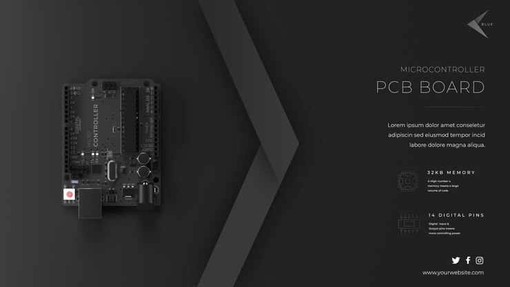 PSD microcontroller pcb board with dark background banner with chips amp ic