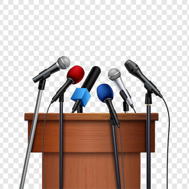 Microfoni su un podio per una conferenza stampa, isolati su sfondo trasparente