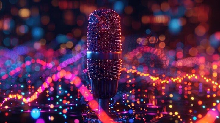 PSD un micrófono con un acabado metálico se alza en un campo de coloridas luces brillantes