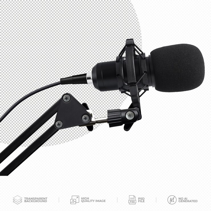 PSD micrófono de estudio profesional con filtro de parabrisas sobre un fondo transparente