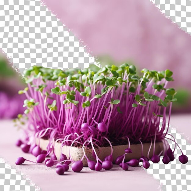 PSD microgreens de rabanete roxo sobre um fundo transparente que promovem o veganismo e uma alimentação saudável