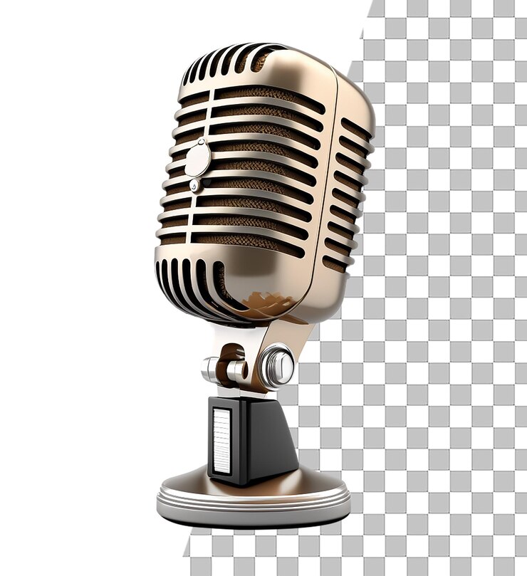 Un microphone doré avec une base argentée et un fond blanc.