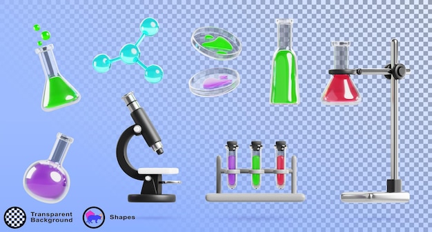 Microscopio di laboratorio chimico 3D e set di fiaschi Vetreria di laboratorio isolata con sostanze liquide colorate Bottiglia di vetro Tubo di prova Rack holder bicchiere molecola d'acqua Iconica di rendering cartone animato