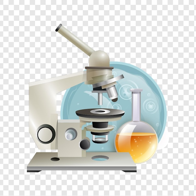 Microscopio e attrezzature di laboratorio isolate su uno sfondo trasparente
