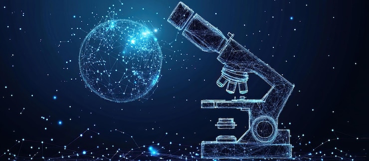 PSD microscópio e globo explorando o mundo