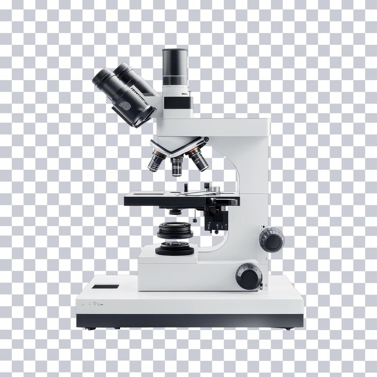 PSD microscopio elegante en una superficie elegante para el análisis científico en un fondo transparente