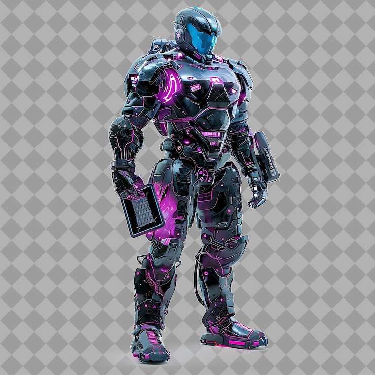 PSD middle aged knight cyberpunk mercenary with robust form neon isolated 3d character illustration