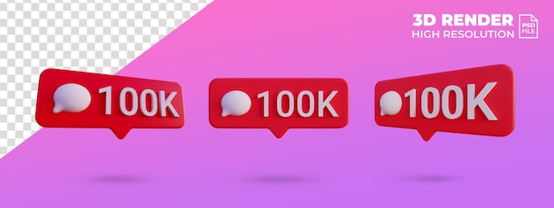 Mídia social 100k de notificação de ícone de comentário renderização 3d isolada